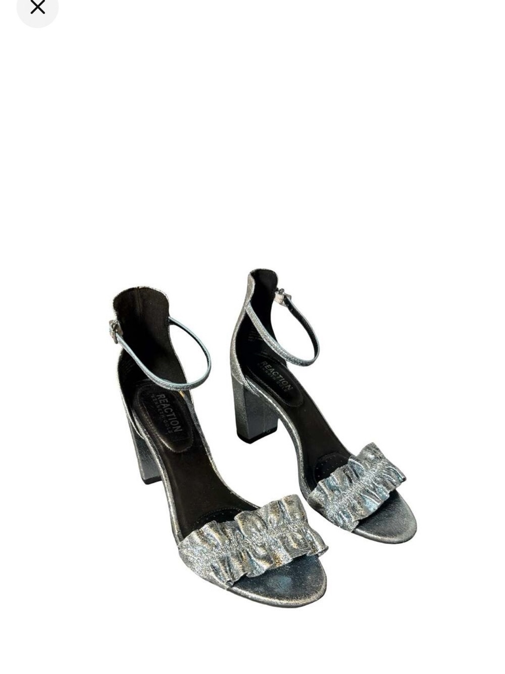 Kenneth Cole Reaction Rise Ruffle Metallic Block Heel Sandals size 8